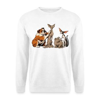 Bulldogge und Katze beim Bildhauern - Unisex Pullover - Weiß - Vorne - Alina (178cm) & Michal (187cm)