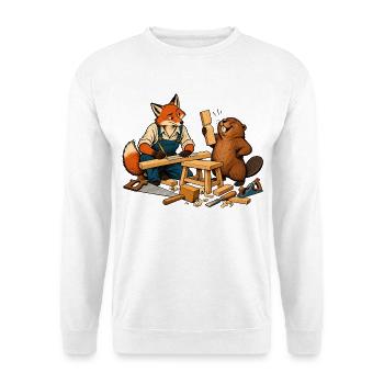 Fuchs und Biber beim Heimwerken – Handwerkerduo - Unisex Pullover - Weiß - Vorne - Alina (178cm) & Michal (187cm)