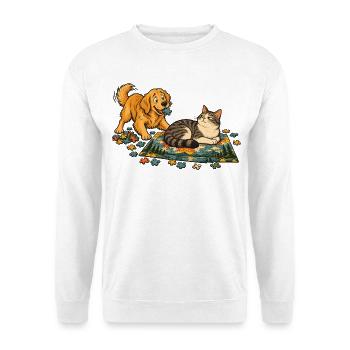 Golden Retriever und Katze puzzeln zusammen - Unisex Pullover - Weiß - Vorne - Alina (178cm) & Michal (187cm)