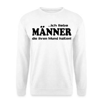 Mann Männer Mund halten Fresse Lustige Sprüche - Unisex Pullover - Weiß - Vorne - Alina (178cm) & Michal (187cm)