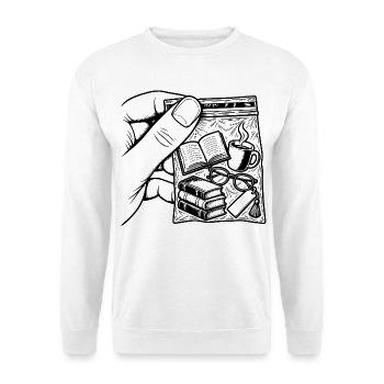 Suchtlesen – Pouch Books, Kaffee & Brille - Unisex Pullover - Weiß - Vorne - Alina (178cm) & Michal (187cm)