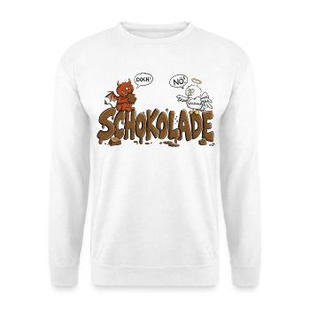 Schokolade Engelchen Teufelchen Nö Doch Naschkatze - Unisex Pullover - Weiß - Vorne - Alina (178cm) & Michal (187cm)