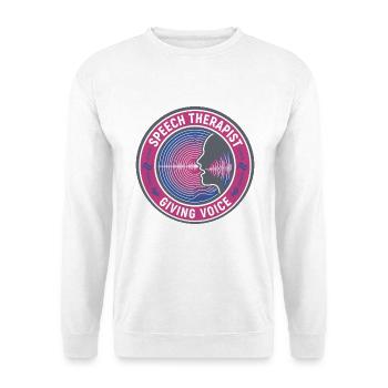 Sprachtherapeutin gibt Stimmwellen-Abzeichen-Geschenk - Unisex Pullover - Weiß - Vorne - Alina (178cm) & Michal (187cm)