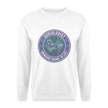 Audiologe Human Ear Audiogramm Badge Geschenk - Unisex Pullover - Weiß - Vorne - Alina (178cm) & Michal (187cm)