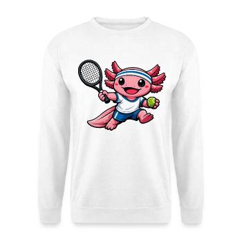 Axolotl beim Tennis – Süßes Sportmotiv - Unisex Pullover - Weiß - Vorne - Alina (178cm) & Michal (187cm)