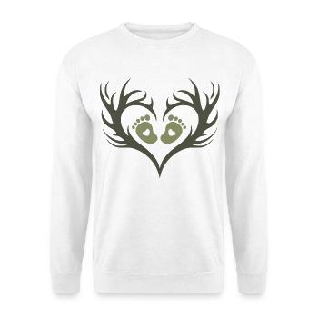 Baby-Jäger | Baby-Fußspuren und Geweihe - Unisex Pullover - Weiß - Vorne - Alina (178cm) & Michal (187cm)