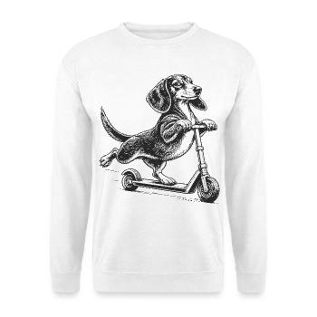 Dackel auf dem Tretroller – Vintage-Stil - Unisex Pullover - Weiß - Vorne - Alina (178cm) & Michal (187cm)