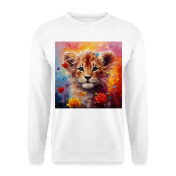 Löwenbaby – buntes Tiermotiv - Unisex Pullover - Weiß - Vorne - Alina (178cm) & Michal (187cm)