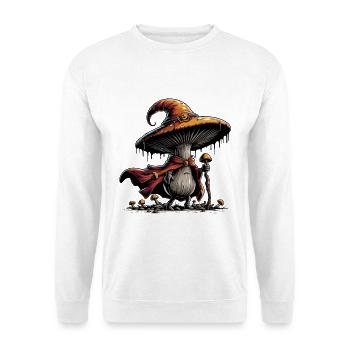 Pilz Zauberer mit Umhang - Unisex Pullover - Weiß - Vorne - Alina (178cm) & Michal (187cm)