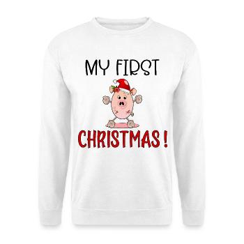 Erste Weihnachten, Ferkelbaby, Englisch - Unisex Pullover - Weiß - Vorne - Alina (178cm) & Michal (187cm)