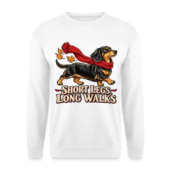 Short Legs Long Walks - Dackel mit Schal - Unisex Pullover - Weiß - Vorne - Alina (178cm) & Michal (187cm)