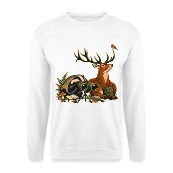 Dachs und Rotwild bei der Vogelbeobachtung - Unisex Pullover - Weiß - Vorne - Alina (178cm) & Michal (187cm)