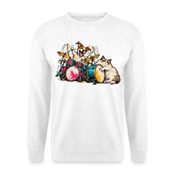 Ragdoll und Jack Russell spielen Schlagzeug – Musi - Unisex Pullover - Weiß - Vorne - Alina (178cm) & Michal (187cm)
