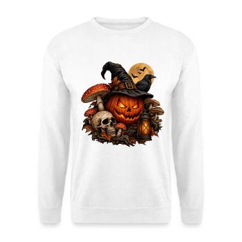 Dunkle Magie: Exklusives Halloween-Design - Unisex Pullover - Weiß - Vorne - Alina (178cm) & Michal (187cm)