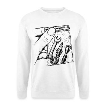 Mechanische Sucht – Pouch Tools Candle Key - Unisex Pullover - Weiß - Vorne - Alina (178cm) & Michal (187cm)
