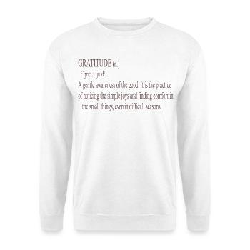 Dankbarkeit Zitat Sanfte Typografie - Unisex Pullover - Weiß - Vorne - Alina (178cm) & Michal (187cm)