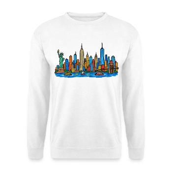 Bunte New York Skyline im Kinder-Kritzelstil - Unisex Pullover - Weiß - Vorne - Alina (178cm) & Michal (187cm)