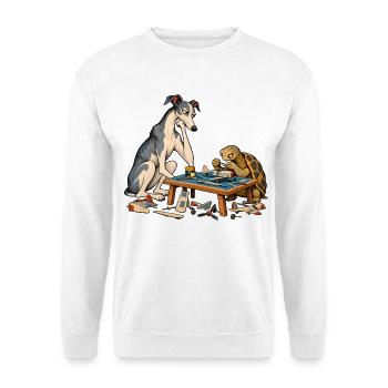 Windhund und Schildkröte beim Modellbau - Unisex Pullover - Weiß - Vorne - Alina (178cm) & Michal (187cm)