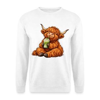 Highland Cattle mit Matcha Latte – Kuhmotiv - Unisex Pullover - Weiß - Vorne - Alina (178cm) & Michal (187cm)