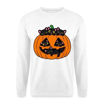Katzen in einem Halloween-Kürbis - Unisex Pullover - Weiß - Vorne - Alina (178cm) & Michal (187cm)