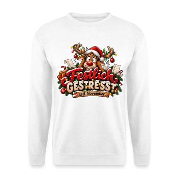 Weihnachtsmotiv Rentier gestresst Weihnachtsstress - Unisex Pullover - Weiß - Vorne - Alina (178cm) & Michal (187cm)