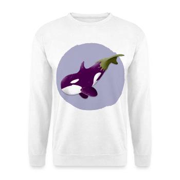 Auberginen-Wal – Lustige Kawaii Illustration - Unisex Pullover - Weiß - Vorne - Alina (178cm) & Michal (187cm)
