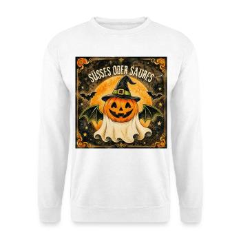 Süßes oder Saures Halloween-Kürbis - Unisex Pullover - Weiß - Vorne - Alina (178cm) & Michal (187cm)