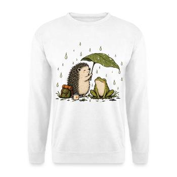 Igel und Frosch beim Camping – Outdoor im Regen - Unisex Pullover - Weiß - Vorne - Alina (178cm) & Michal (187cm)