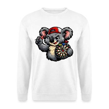 Koala beim Dart – Lustiges Motiv für Dartspieler - Unisex Pullover - Weiß - Vorne - Alina (178cm) & Michal (187cm)