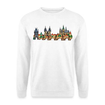 Prag als bunte Kinderzeichnung auf der Brücke - Unisex Pullover - Weiß - Vorne - Alina (178cm) & Michal (187cm)