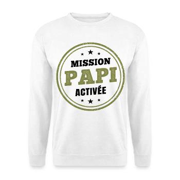 Opa Mission aktiviert | Humoristi Schwangerschaftsdurchsage - Unisex Pullover - Weiß - Vorne - Alina (178cm) & Michal (187cm)