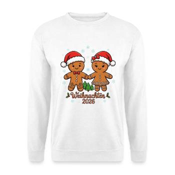 Weihnachten 2026 Lebkuchenmann & Lebkuchenfrau - Unisex Pullover - Weiß - Vorne - Alina (178cm) & Michal (187cm)