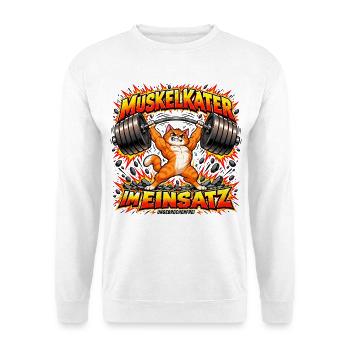 Muskelkater – Trainieren mit Katzenpower - Unisex Pullover - Weiß - Vorne - Alina (178cm) & Michal (187cm)