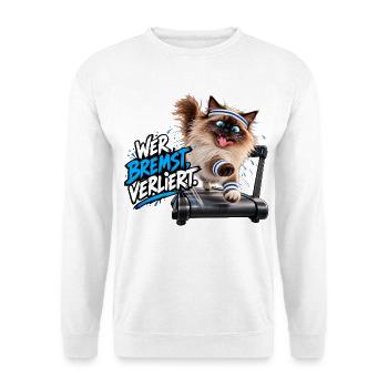 Wer bremst, verliert! – Verrückter Fitness-Kater - Unisex Pullover - Weiß - Vorne - Alina (178cm) & Michal (187cm)