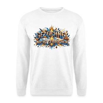 Gezeichnet. Nicht gebrochen. – Stärke trotz Narben - Unisex Pullover - Weiß - Vorne - Alina (178cm) & Michal (187cm)