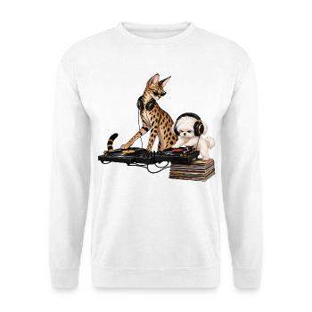 Malteser und Savannah-Katze als DJ-Duo - Unisex Pullover - Weiß - Vorne - Alina (178cm) & Michal (187cm)
