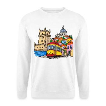 Lissabon Skyline mit bunter Straßenbahn - Unisex Pullover - Weiß - Vorne - Alina (178cm) & Michal (187cm)