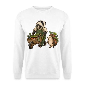 Dachs und Igel beim Gärtnern – Gartenfreunde - Unisex Pullover - Weiß - Vorne - Alina (178cm) & Michal (187cm)