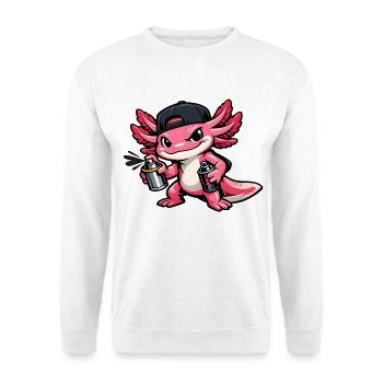 Axolotl beim Graffiti-Sprühen – Sprayer Style - Unisex Pullover - Weiß - Vorne - Alina (178cm) & Michal (187cm)
