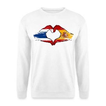 Thailand Spanien Flagge Hände Herzform used look - Unisex Pullover - Weiß - Vorne - Alina (178cm) & Michal (187cm)