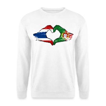 Thailand Portugal Flagge Hände Herzform used look - Unisex Pullover - Weiß - Vorne - Alina (178cm) & Michal (187cm)