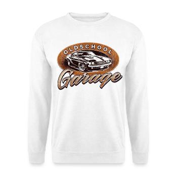 Oldschool Garage Muscle Car Oldtimer Geschenk    - Unisex Pullover - Weiß - Vorne - Alina (178cm) & Michal (187cm)