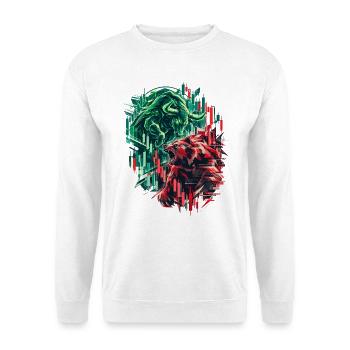 Börse Trading Design: Stier & Bär Krypto Chart - Unisex Pullover - Weiß - Vorne - Alina (178cm) & Michal (187cm)