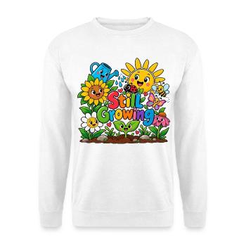 Still Growing: Farbenfrohes Gartenmotiv - Unisex Pullover - Weiß - Vorne - Alina (178cm) & Michal (187cm)