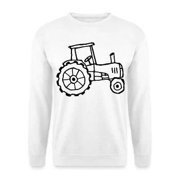 Traktor – Kindliche Kritzelzeichnung - Unisex Pullover - Weiß - Vorne - Alina (178cm) & Michal (187cm)