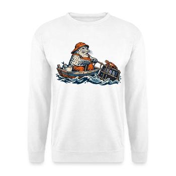 Seehund als Krabbenfischer – Maritimes Motiv - Unisex Pullover - Weiß - Vorne - Alina (178cm) & Michal (187cm)
