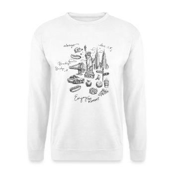 NYC Doodle: Liberty und Straßenszene - Unisex Pullover - Weiß - Vorne - Alina (178cm) & Michal (187cm)