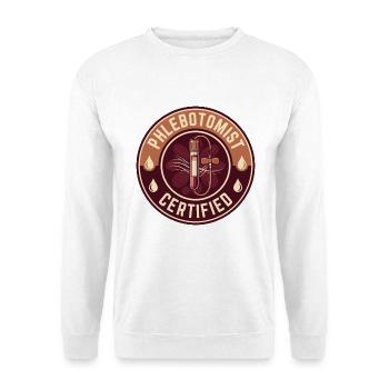Vintage-Phlebotomist-Vacutainer-Bluttropfenabzeichen - Unisex Pullover - Weiß - Vorne - Alina (178cm) & Michal (187cm)