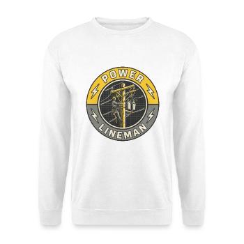 Vintage Power Lineman Strommast-Sparks-Abzeichen - Unisex Pullover - Weiß - Vorne - Alina (178cm) & Michal (187cm)