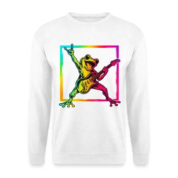 Rockender Frosch mit E-Gitarre – Neon Rock - Unisex Pullover - Weiß - Vorne - Alina (178cm) & Michal (187cm)